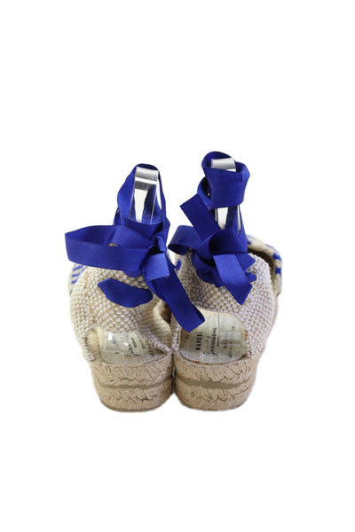 Manebi Women's Ankle Wrap Espadrille Blue Ribbon Sandals Beige Size 38
