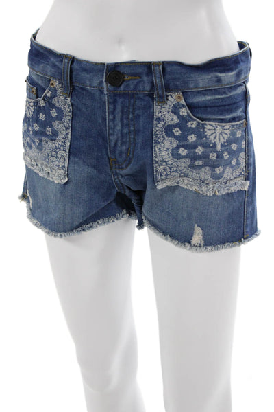 Molly Bracken Unisex Bohemian Paisley Blue Shorts Button Cotton Size XS