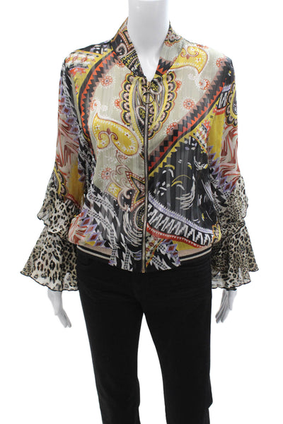 Jeff Gallano Womens Black Paisley Long Sleeve Zip Blouse Size 2