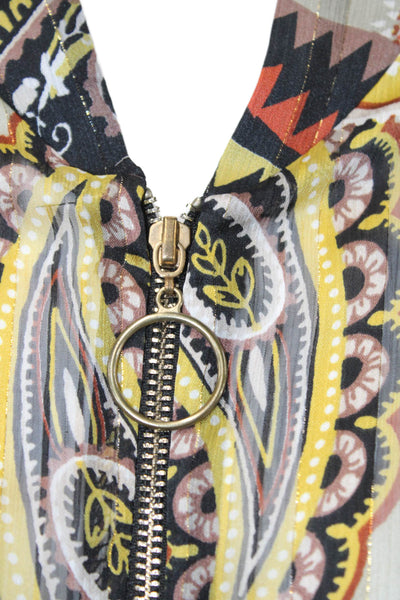 Jeff Gallano Womens Black Paisley Long Sleeve Zip Blouse Size 2