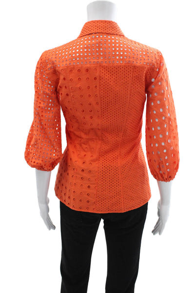 Akris Punto Women Geometric Collared Button-Up Blouse Orange 3/4 Sleeve Size 2