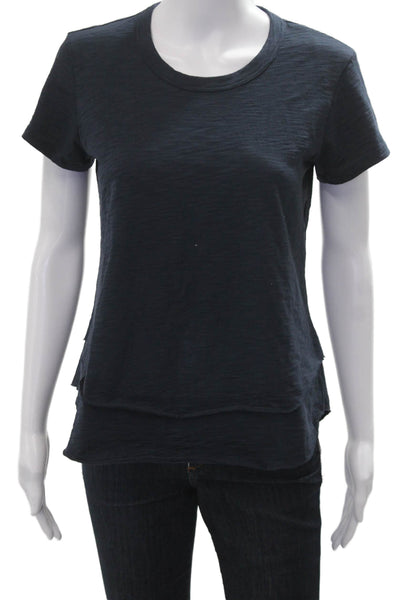 Leallo Women Basic T-Shirt Dark Blue 100% Cotton Crew Neck Short Sleeve Size XS