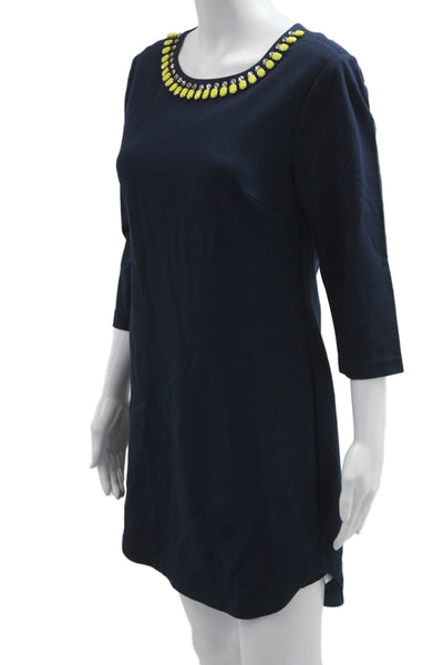 Trina Turk Women Dark Blue Shift Dress 3/4 Sleeve Knee Length Size 8