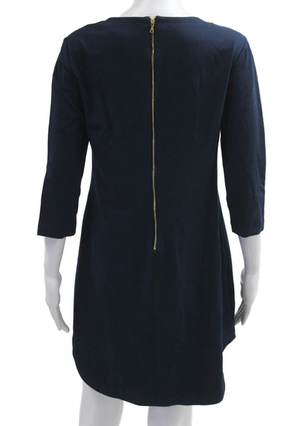 Trina Turk Women Dark Blue Shift Dress 3/4 Sleeve Knee Length Size 8