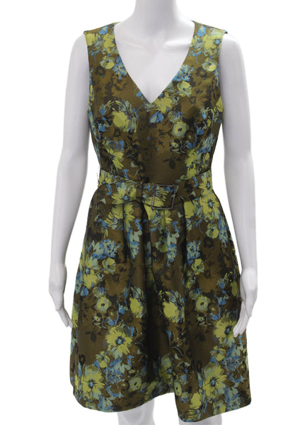 Karen Millen Women Fit & Flare Blue Floral Midi Dress V-Neck Size 8