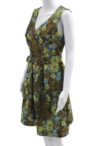Karen Millen Women Fit & Flare Blue Floral Midi Dress V-Neck Size 8