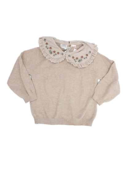 Zara Girls Knit Floral Embroidered Long Sleeve Top Beige Size 4