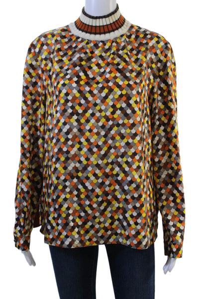 Dice Kayek Women Brown Geometric Mock Neck Long Sleeve Blouse Retro Size 38