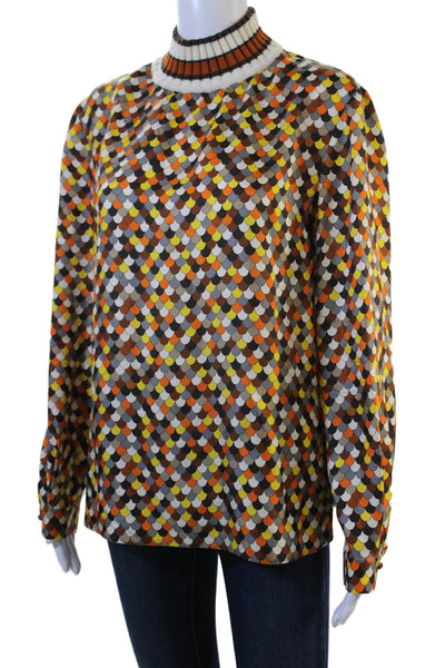 Dice Kayek Women Brown Geometric Mock Neck Long Sleeve Blouse Retro Size 38