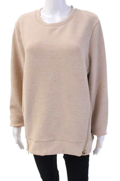 Addison Bay Women Tunic Sweatshirt Beige Striped Crew Neck Long Sleeve Size M