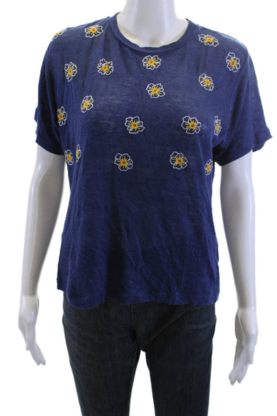 Bannerday Women Jersey Floral Linen Crewneck Short Sleeve Tee Dark Blue Size 1