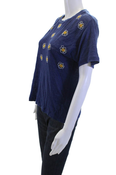 Bannerday Women Jersey Floral Linen Crewneck Short Sleeve Tee Dark Blue Size 1