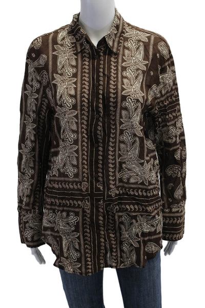 MNG Womens Brown Paisley Cotton Collared Button-Up Long Sleeve Bohemian Size 8