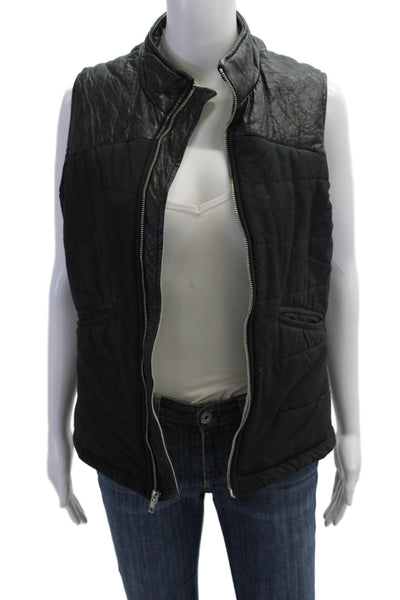 Monrow Women Quilted Biker Collared Zip Sleeveless Black Vest Size S