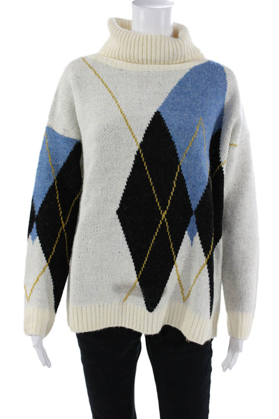 Lili Sidonio Unisex Beige Argyle Turtleneck Pullover Long Sleeve 80s Size S