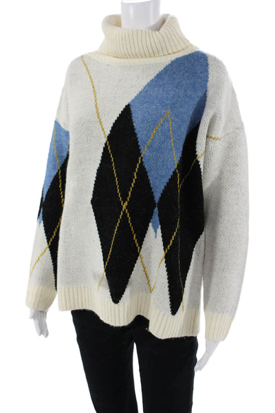 Lili Sidonio Unisex Beige Argyle Turtleneck Pullover Long Sleeve 80s Size S
