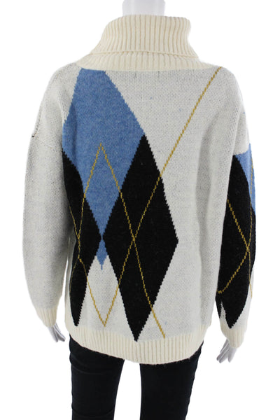 Lili Sidonio Unisex Beige Argyle Turtleneck Pullover Long Sleeve 80s Size S
