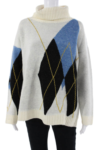 Lili Sidonio Unisex White Argyle Turtleneck Pullover 80s Size M