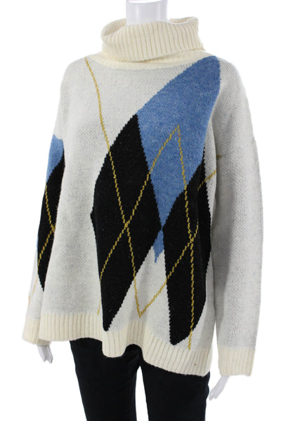 Lili Sidonio Unisex White Argyle Turtleneck Pullover 80s Size M