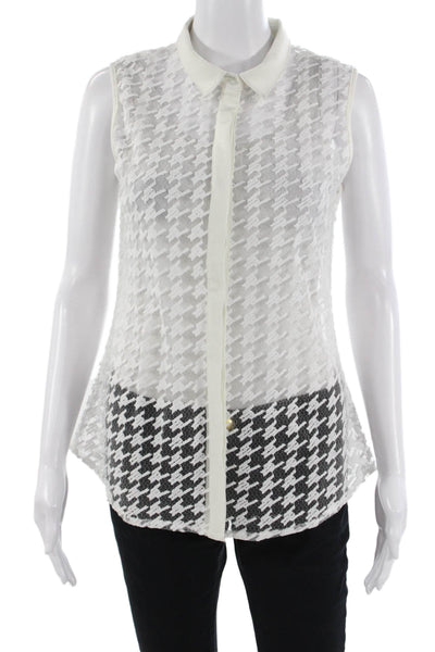 Sweewe Women White Herringbone Collared Sleeveless Button-Up Top Size M