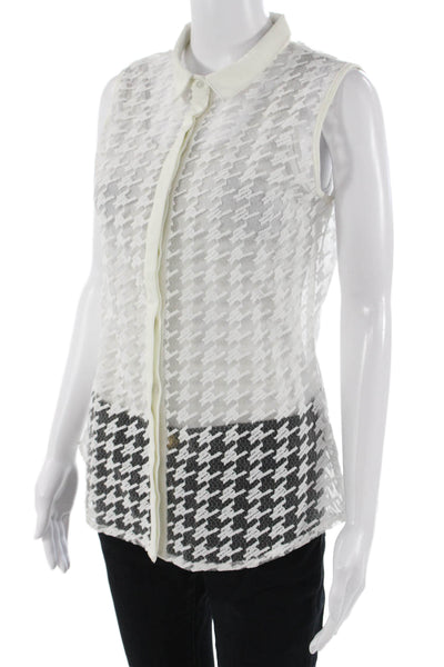 Sweewe Women White Herringbone Collared Sleeveless Button-Up Top Size M