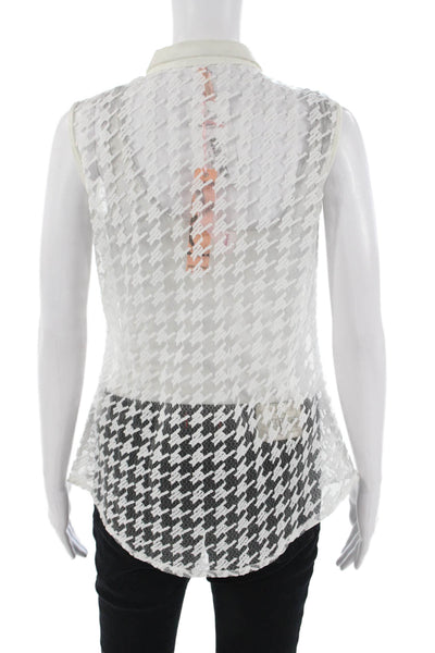 Sweewe Women White Herringbone Collared Sleeveless Button-Up Top Size M