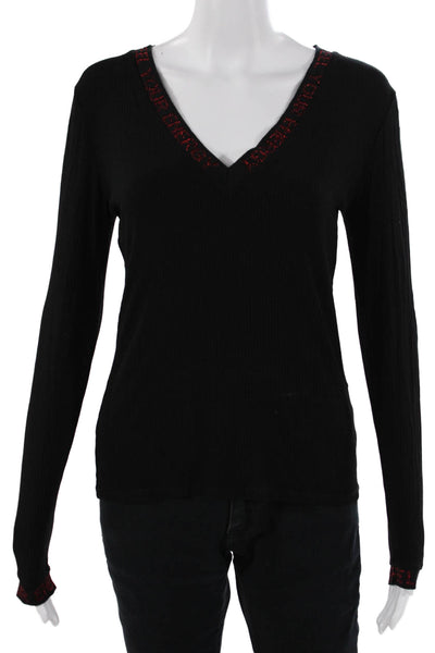 Desigual Women Black V-Neck Long Sleeve Basic T-Shirt 97% Viscose Size M