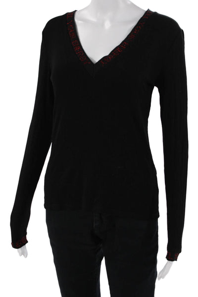 Desigual Women Black V-Neck Long Sleeve Basic T-Shirt 97% Viscose Size M
