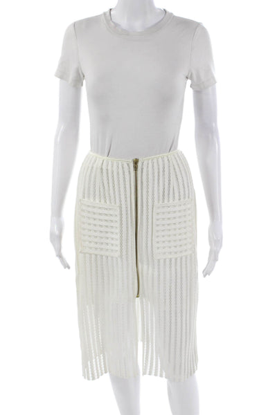 Sweewe Women Striped White Polyester Knee Length Skirt Size L