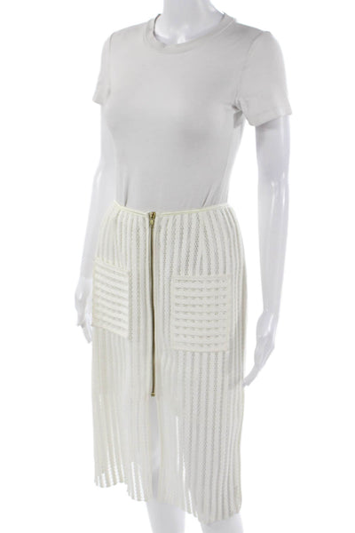 Sweewe Women Striped White Polyester Knee Length Skirt Size L