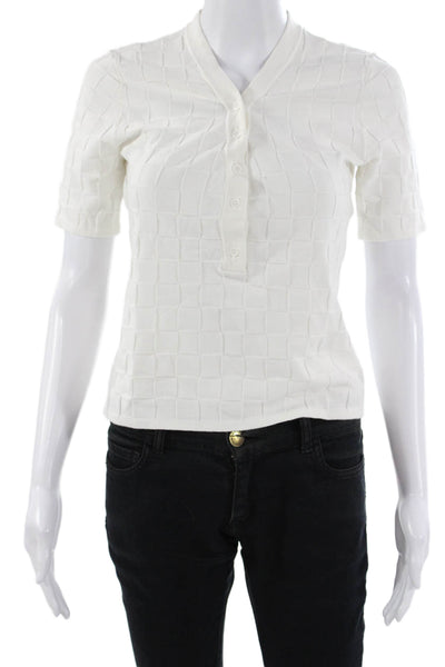 Monrow Womens Basic V-Neck Checked Short Sleeve Polo White Cotton Blend Size S