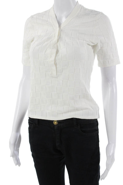 Monrow Womens Basic V-Neck Checked Short Sleeve Polo White Cotton Blend Size S