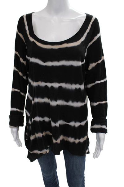Hard Tail Women Tunic Long Sleeve Striped Black Round Neck Tencel Size L