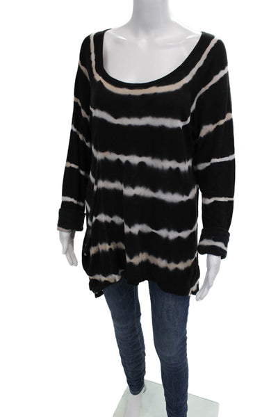 Hard Tail Women Tunic Long Sleeve Striped Black Round Neck Tencel Size L