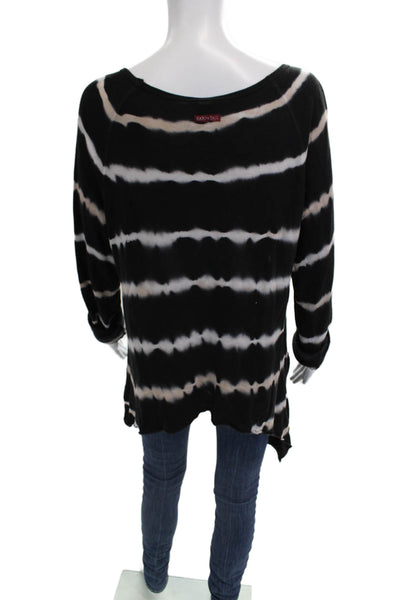 Hard Tail Women Tunic Long Sleeve Striped Black Round Neck Tencel Size L