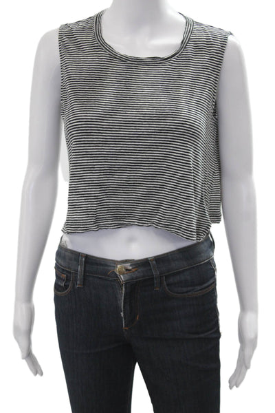 ALC Womens Cropped Sleeveless Linen Tank Black Striped Crew Neck Size S