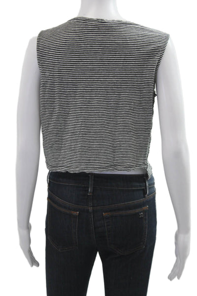 ALC Womens Cropped Sleeveless Linen Tank Black Striped Crew Neck Size S