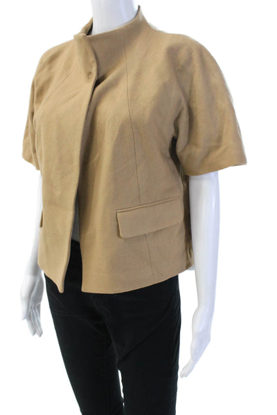 DKNY Womens Tan Mock Neck Short Sleeve Wool Blend Jacket Size S