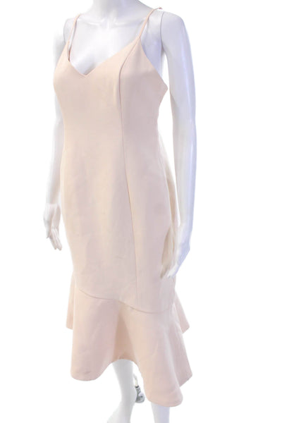 Keepsake Women Slip Dress Beige V Neck Sleeveless Zip Mid Calf Polyester Size L