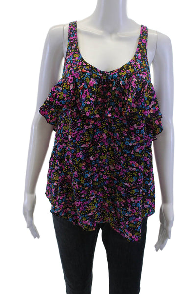Rebecca Taylor Women Black Silk Floral Sleeveless Tank Round Neck Button Size S