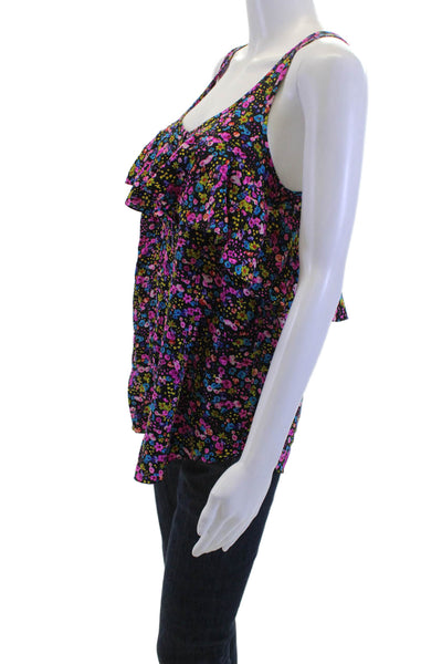 Rebecca Taylor Women Black Silk Floral Sleeveless Tank Round Neck Button Size S