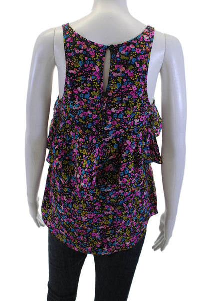 Rebecca Taylor Women Black Silk Floral Sleeveless Tank Round Neck Button Size S
