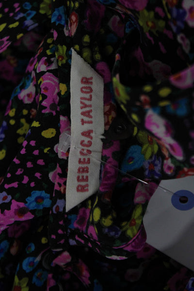 Rebecca Taylor Women Black Silk Floral Sleeveless Tank Round Neck Button Size S