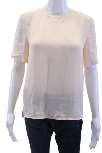 Theory Womens Silk Short Sleeve Button Blouse Beige Crew Neck Size PP