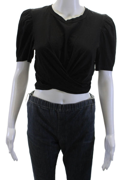 ALC Women Cropped Black Crew Neck Short Sleeve T-Shirt 100% Cotton Size S