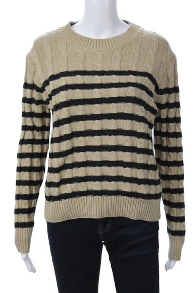 J Crew Women Striped Cotton Pullover Sweater Beige Crew Neck Size L