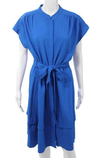 Calvin Klein Women Shirt Dress Blue Knee Length Mock Neck Tie Size 12