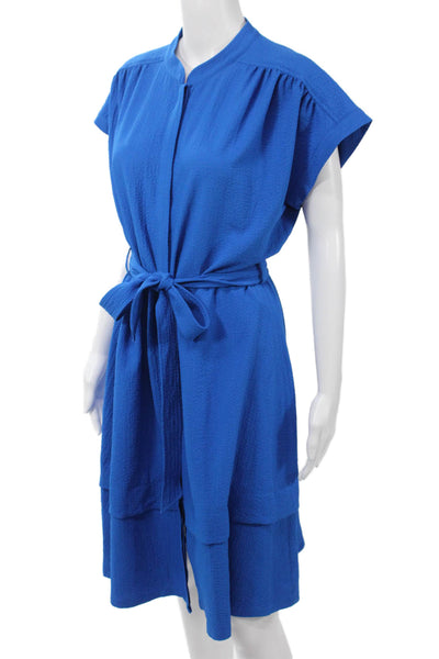 Calvin Klein Women Shirt Dress Blue Knee Length Mock Neck Tie Size 12