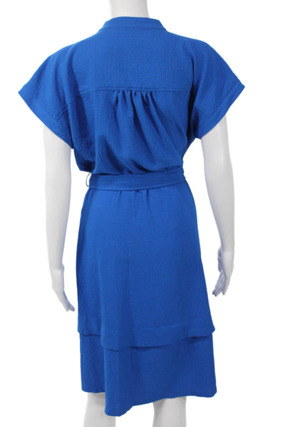 Calvin Klein Women Shirt Dress Blue Knee Length Mock Neck Tie Size 12