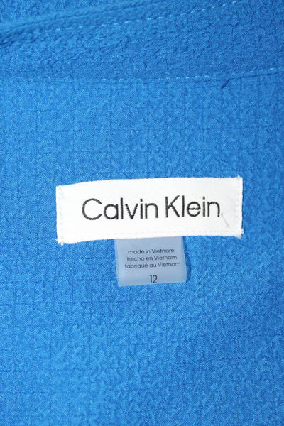 Calvin Klein Women Shirt Dress Blue Knee Length Mock Neck Tie Size 12